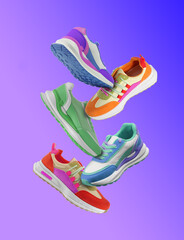 Different sneakers falling on blue gradient background