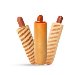 Set of yummy French hot dogs with different sauces isolated on white