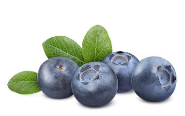 Fresh ripe blueberries with green leaves isolated on white