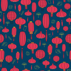 Blue and red Chinese new year celebrations with Chinese lanterns seamless background pattern.