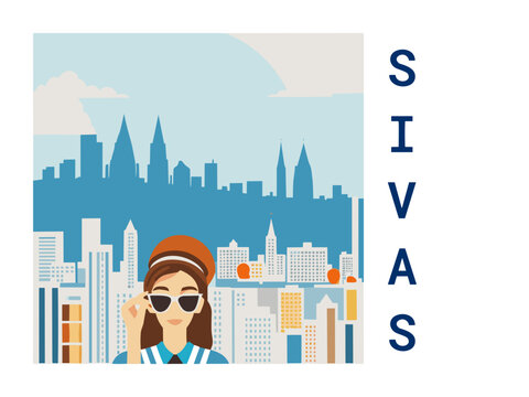 Square flat design tourism poster with a cityscape illustration of Sivas (Turkey)
