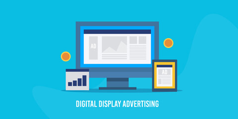 Digital display ad network showing ads on computer and tablet screen, spending money on internet advertising campaign, website traffic growth on dashboard app, vector illustration.