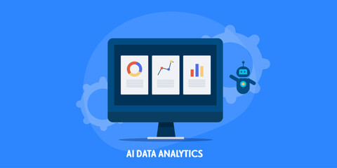 AI robot analysing business data and displaying on dashboard computer screen, business report, financial audit, sales and marketing kpi with graph, chart and diagram insights, vector illustration.