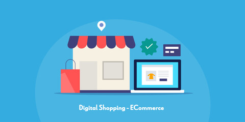 Local business offline shop selling product with digital shopping ecommerce technology, customer buying online using secure banking transaction from laptop, vector illustration.