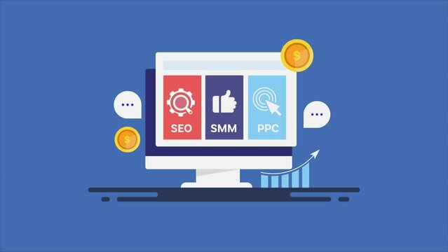 Digital marketing strategy, SEO, social media and ppc advertising campaign management on dashboard interface, business growth graph arrow, communication animated video.
