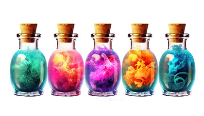 Obraz na płótnie Canvas Potion bottles with colorful liquids, each with mysterious effects, Halloween potions, alchemy, magic elixir, enchanted brews