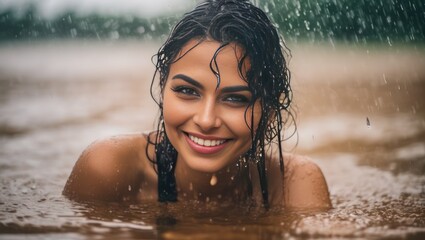 Obraz premium Portrait of beautiful erotic smiling wet woman in the water in the rain. Generative AI