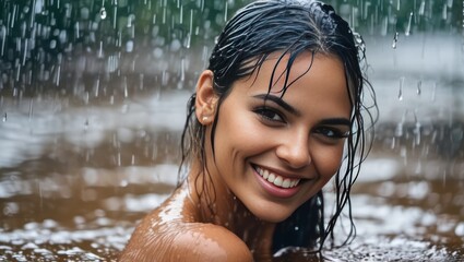 Obraz premium Portrait of beautiful erotic smiling wet woman in the water in the rain. Generative AI