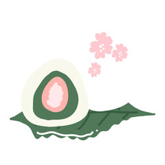 Daifuku stuffed with green tea, strawberry, and sakura leaves.