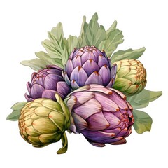 Fototapeta premium A pile of Artichoke and their flowers and leaves. Generative AI