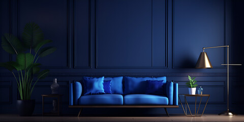 Premium living room in blue tones trend empty wall for art blank background large dark blue couch