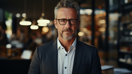 Obraz premium Businessman wearing glasses and smiling for the camera in a portrait.