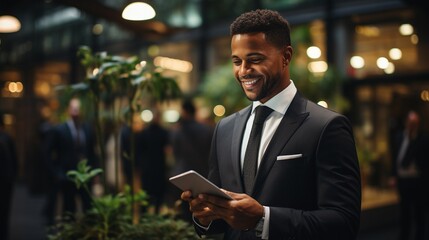 African American businessman at the office conversing with a coworker while using a digital tablet..