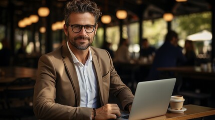 Businessman grinning at camera while holding laptop and takeaway beverage..
