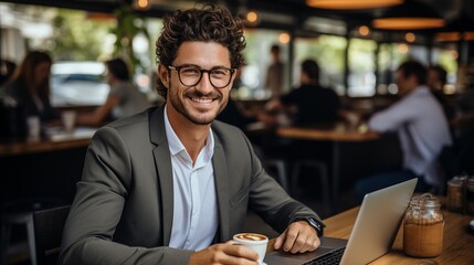 Businessman grinning at camera while holding laptop and takeaway beverage..