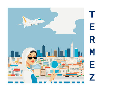 Square flat design tourism poster with a cityscape illustration of Termez (Uzbekistan)