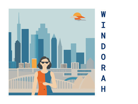 Square flat design tourism poster with a cityscape illustration of Windorah (Australia)