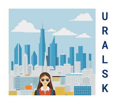 Square flat design tourism poster with a cityscape illustration of Uralsk (Kazakhstan)