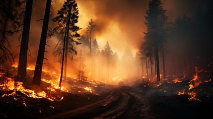 photographs of a forest fire. trees on fire, fire, and smoke.