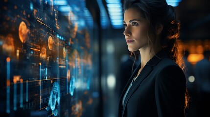 An executive views a futuristic interface screen.