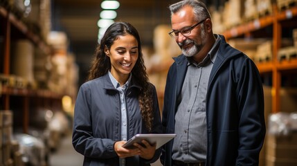 Using a smart tablet, the distribution warehouse manager and a client businesswoman check the stock on a shelf.