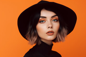 Portrait of beautiful woman with black sweater and hat on orange background