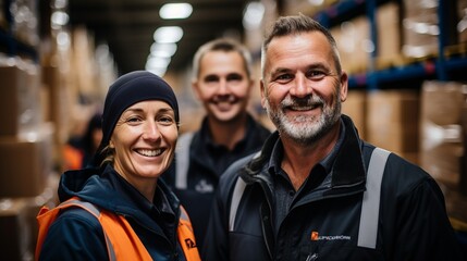 In the warehouse factory, a skilled crew of warehouse workers celebrates victory.