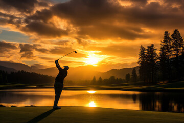 Golfer Taking A Swing With Picturesque Sunset, Generative AI