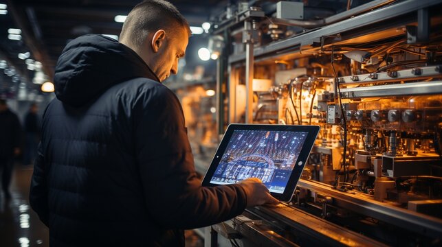 Concept for smart industry control.Tablet in hands with a blurry automation equipment in the backdrop.