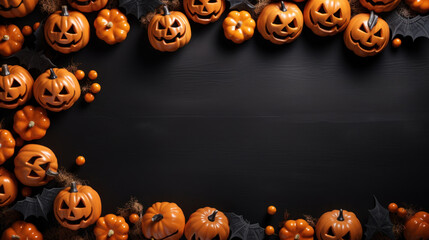 Halloween pumpkins and halloween decorations on black background. Flat lay, top view, overhead with copy space. Happy halloween celebration holiday banner concepts. Generative AI