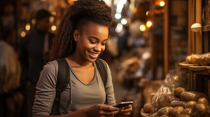 While grinning and using her phone, a young African woman is selling in a neighbourhood market.