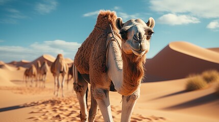 Camel caravan in a desert sand dune