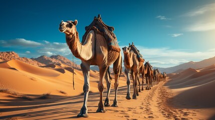 Camel caravan in a desert sand dune - obrazy, fototapety, plakaty