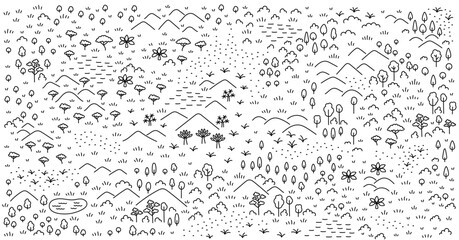 Fictional forest map sketch. Editable outline. Vector line.