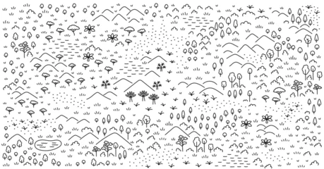 Foto op Plexiglas Sprookjesbos Fictional forest map sketch. Editable outline. Vector line.