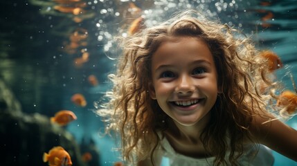 Obraz premium A cheerful young woman swims underwater in the tropical ocean. .