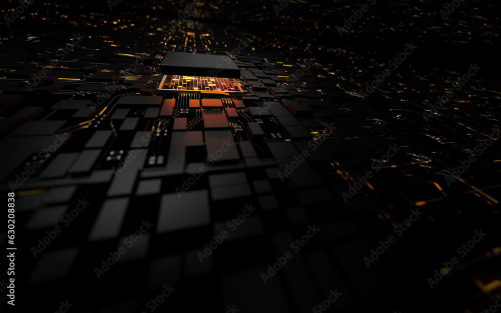 Poster 3D rendering microprocessor CPU chipset central processor unit on the illumination circuit computer mainboard. Cyber and futuristic concept, hardware, AI, electronics and technology, with copy space
