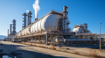 a group of skilled workers using advanced industrial facilities for the production of fuel and gas in a petroleum refinery,