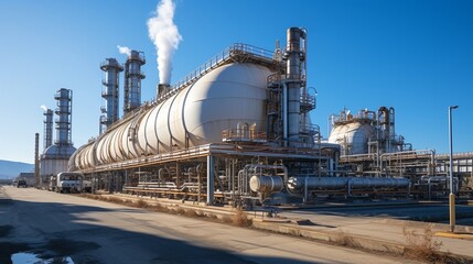 Fototapeta premium a group of skilled workers using advanced industrial facilities for the production of fuel and gas in a petroleum refinery,