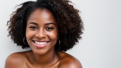Portrait black skin model woman with white teeth smile, healthy hair and beauty skin on grey background. Generative AI