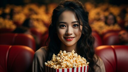 young Asian woman enjoying a movie in a theatre while eating popcorn