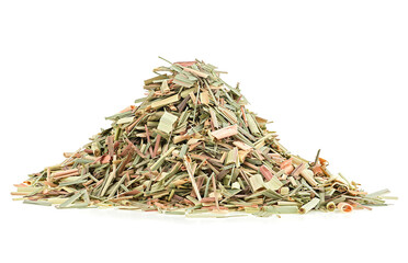 Herbal medicine - pile of dried lemongrass isolated on a white background. Dried sprigs of natural...