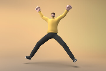 Fototapeta na wymiar Men in casual clothes are jumping. 3D rendering of cartoon characters