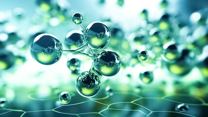 Green Hydrogen H2 gas molecule. Sustainable alternative clean hydrogen H2 eco energy, the fuel of the future industry. - obrazy, fototapety, plakaty