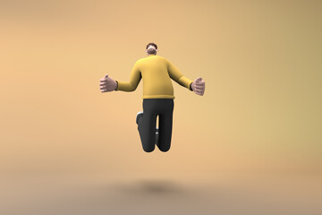 Men in casual clothes are jumping. 3D rendering of cartoon characters