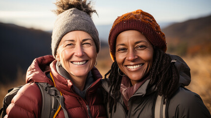 Outdoors hiking by a fit retired interracial lesbian pair - obrazy, fototapety, plakaty