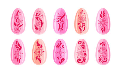 Set of nail art stickers. Manicure with flowers and snowflakes decorative fashion design elements. Vector illustration.