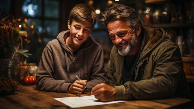 father child at home with family doing homework son teenage parents learning