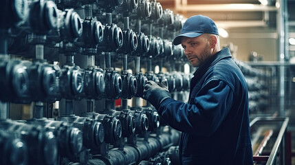 A worker at a water supply station inspects water pump valves equipment in a substation for the distribution of clean water at a large industrial estate. Water pipes. Generative Ai