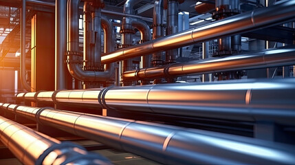 Background with shiny factory pipes.Industrial pipeline, oil and gas factory. Generative Ai